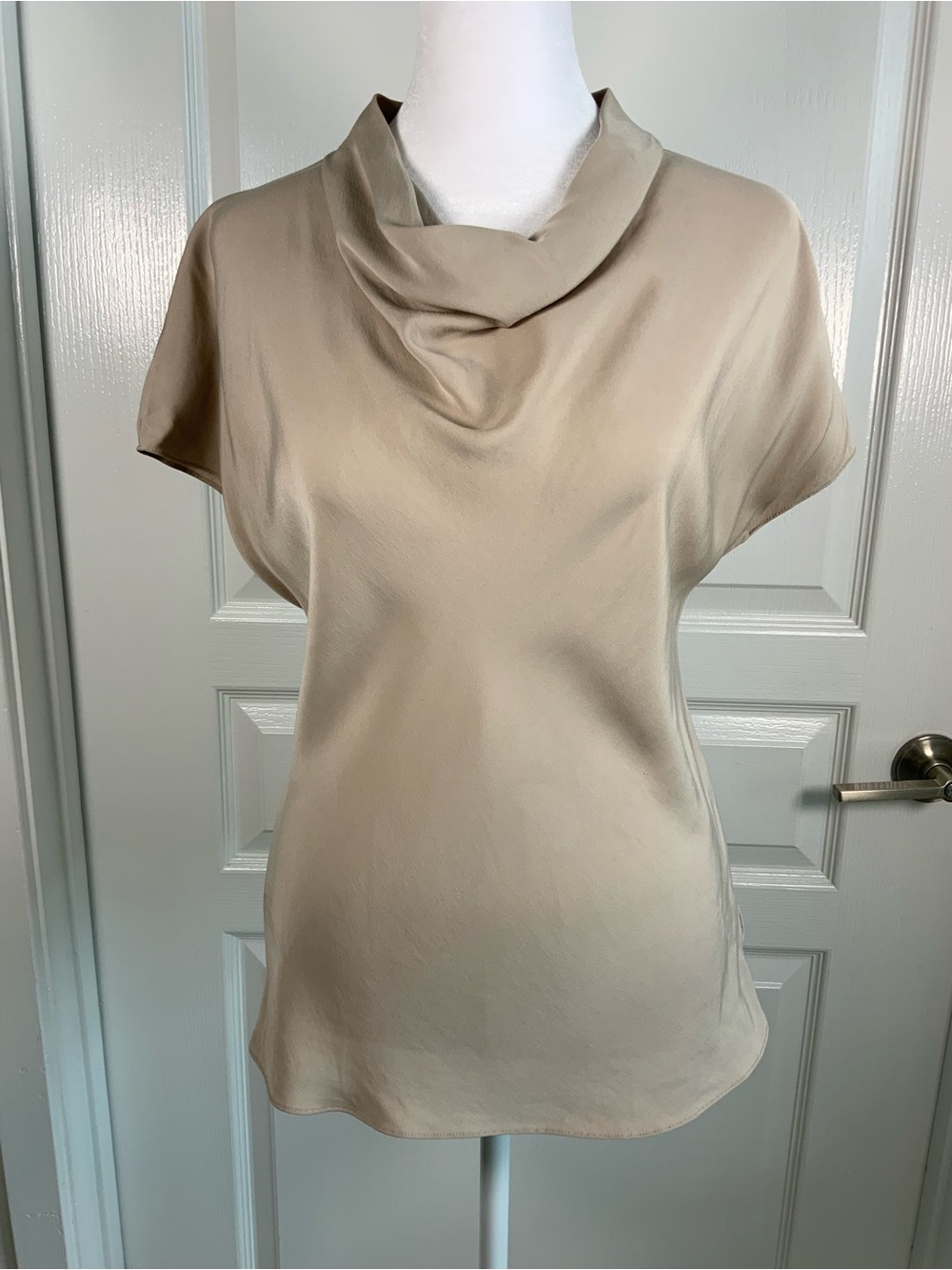 Theory Taupe Cowl Neck Short Sleeve Silk Top size S